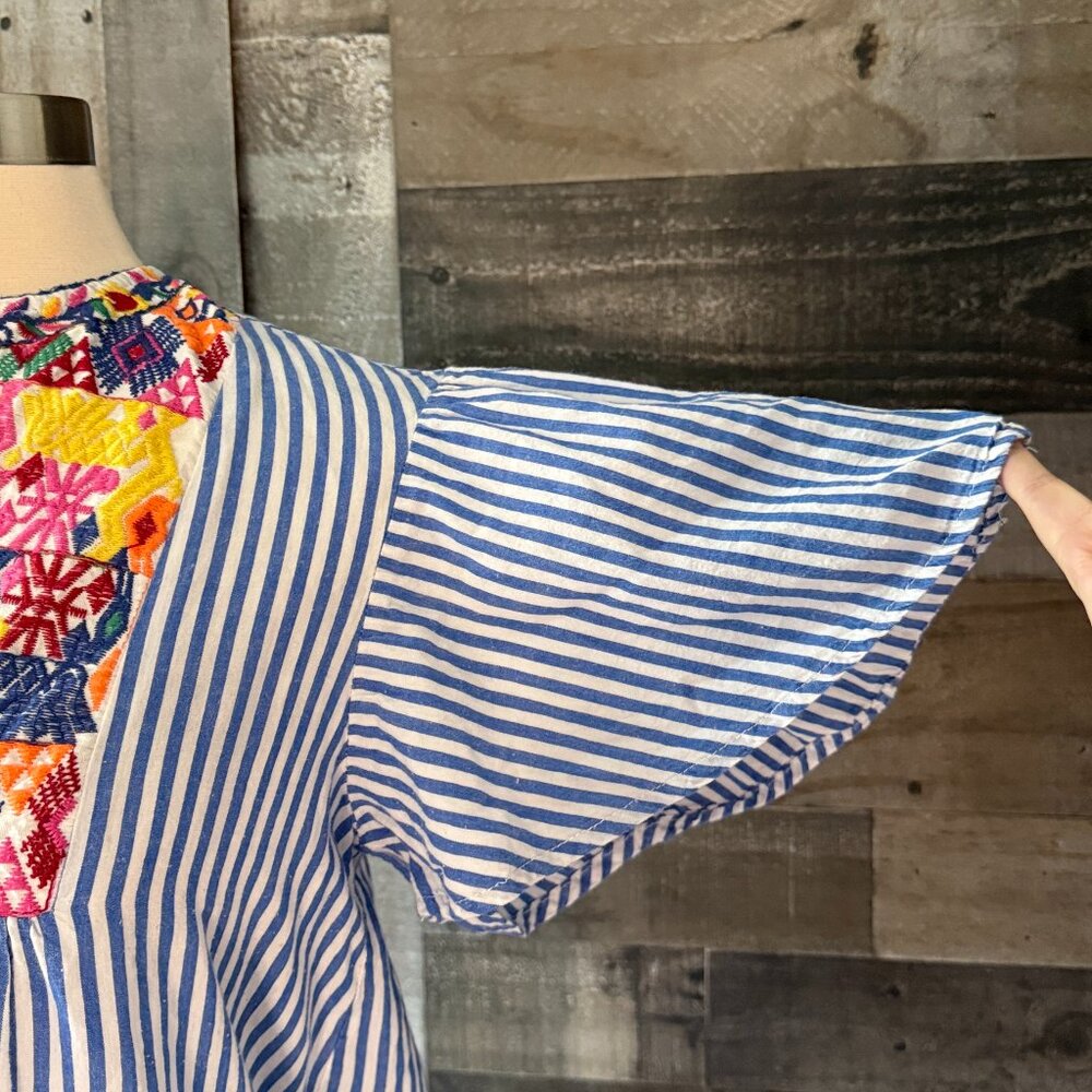 Blue white stripes v-neck fiesta dress large rainbow embroidery festival boho - Picture 4 of 10
